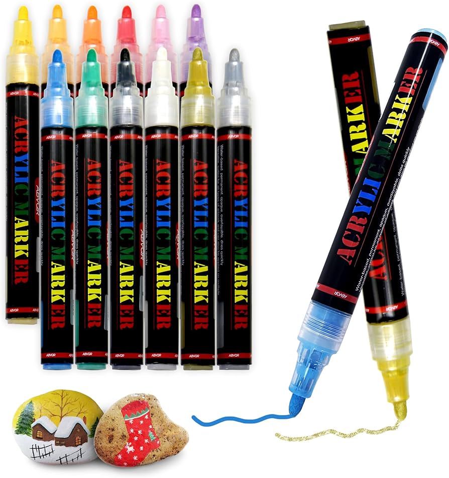 Komplet markerów akrylowych w praktycznym opakowaniu Zestaw markerów akrylowych w plastikowym pudełku z kamieniem dekoracyjnym